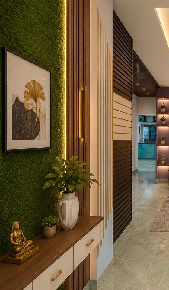 Foyer with a green moss wall, wooden slats and a brass Buddha on a console